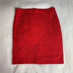 J. Crew red crochet midi pencil skirt